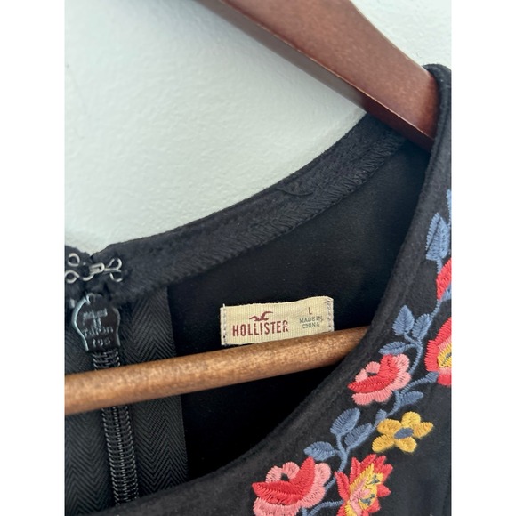 Hollister Black Suede-Look Embroidered Mini Dress Boho Festival Chic L - Picture 7 of 9